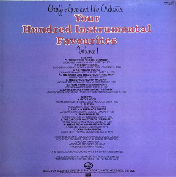 Geoff Love & His Orchestra : Your Hundred Instrumental Favourites Volume 1 (LP, Album, Comp)
