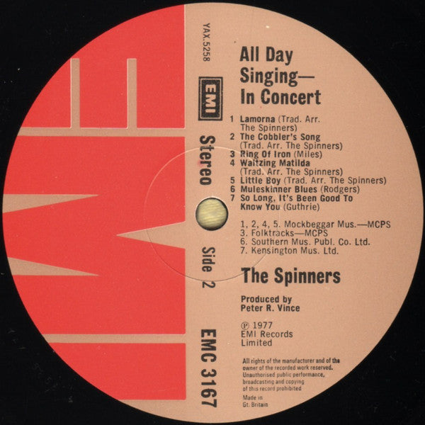 The Spinners : All Day Singing - The Spinners In Concert (LP, Album)