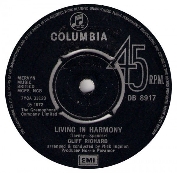 Cliff Richard : Living In Harmony (7", Single)