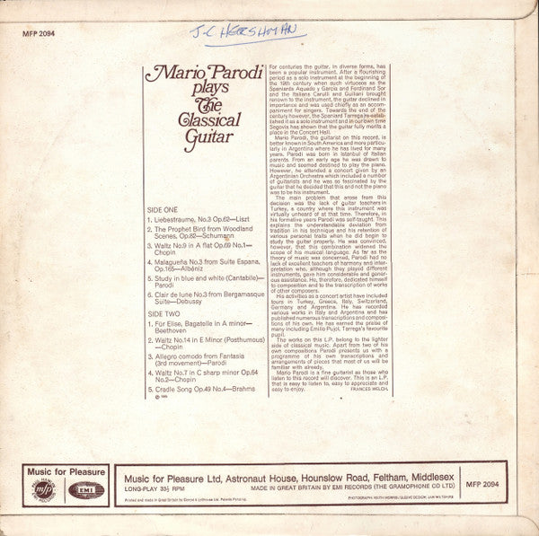 Mario Parodi : Mario Parodi Plays The Classical Guitar (LP)