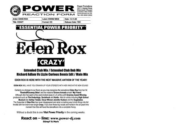 Eden Rox : Crazy (CDr, Advance, Promo)