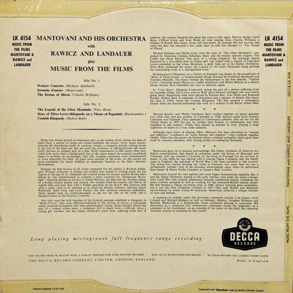 Mantovani And His Orchestra With Rawicz & Landauer : Play Music From The Films (LP)