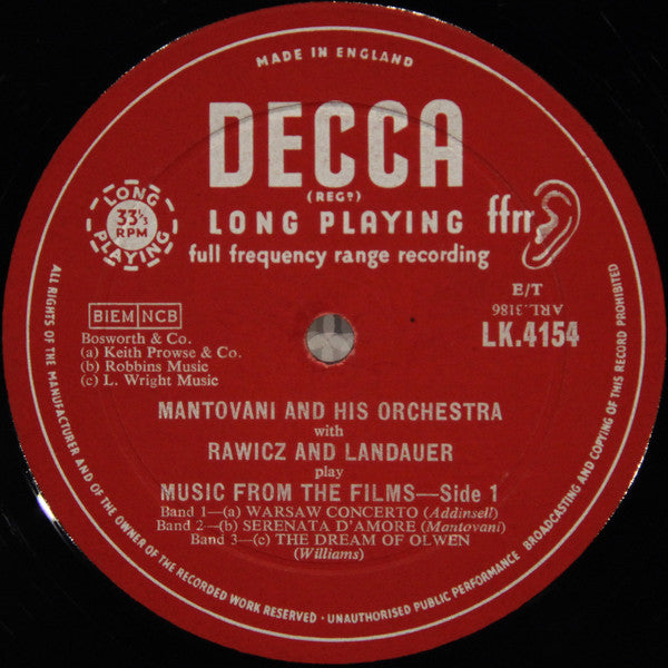 Mantovani And His Orchestra With Rawicz & Landauer : Play Music From The Films (LP)
