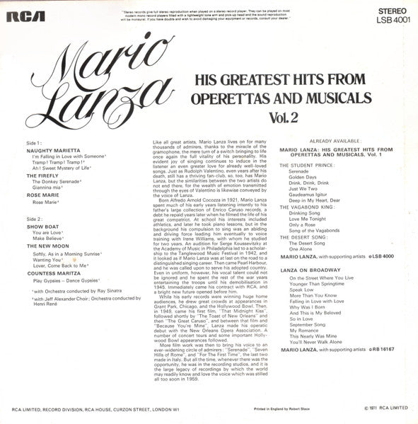 Mario Lanza : His Greatest Hits From Operettas And Musicals Vol. 2 (LP, Comp)