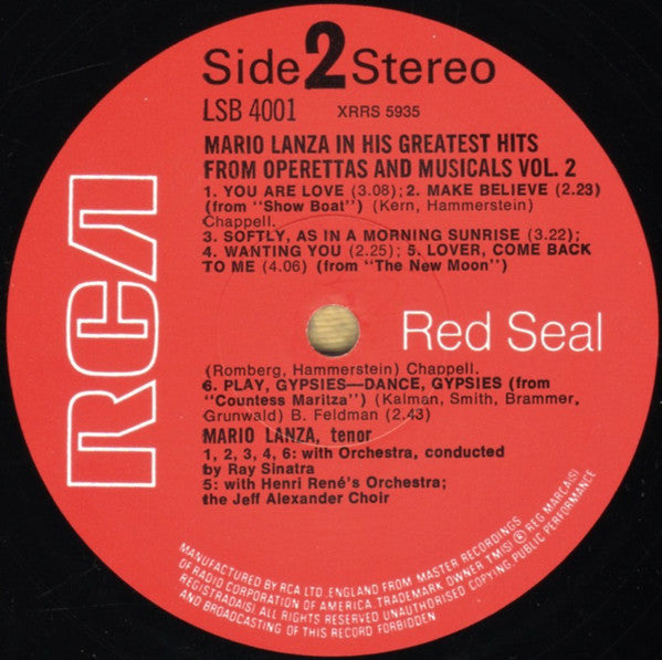 Mario Lanza : His Greatest Hits From Operettas And Musicals Vol. 2 (LP, Comp)