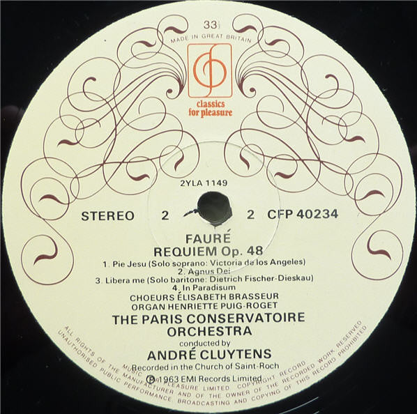 Gabriel Fauré - Orchestre De La Société Des Concerts Du Conservatoire, Victoria de los Angeles, Dietrich Fischer-Dieskau, André Cluytens : Requiem, Op 48 (LP)