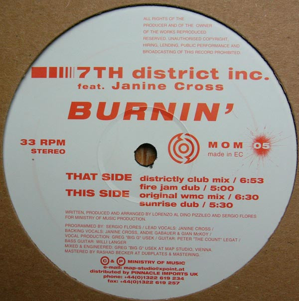 7th District Inc. Feat. Janine Cross : Burnin' (12")