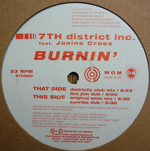 7th District Inc. Feat. Janine Cross : Burnin' (12")