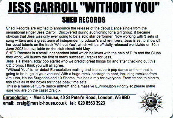 Jess Carroll : Without You (CDr, Single, Promo)