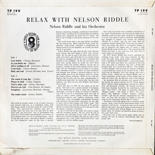 Nelson Riddle And His Orchestra : Relax With Nelson Riddle (LP, Album, Club)