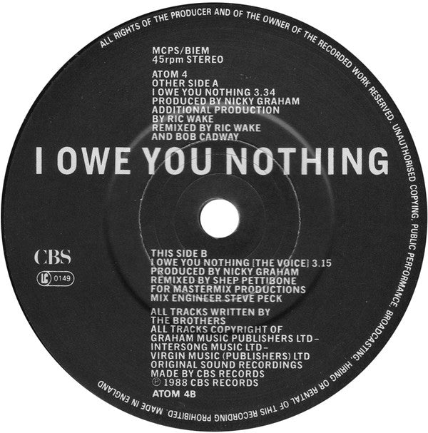 Bros : I Owe You Nothing (7", Single, Red)