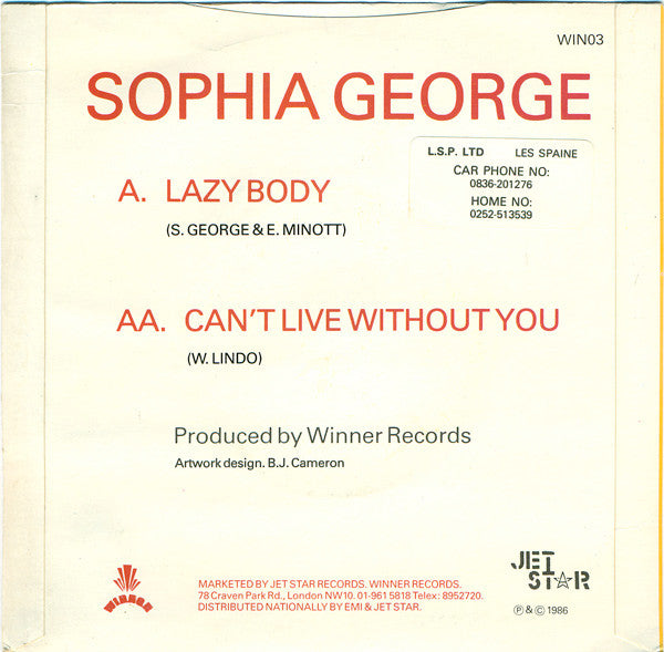 Sophia George : Lazy Body / Can't Live Without You (7", Single)