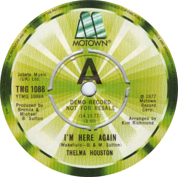 Thelma Houston : I'm Here Again (7", Promo)