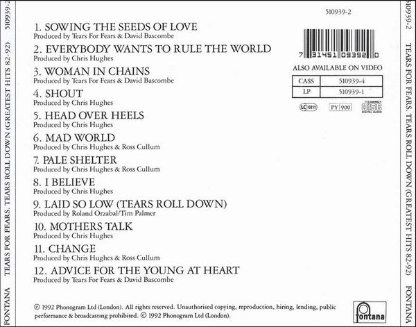 Tears For Fears : Tears Roll Down (Greatest Hits 82-92) (CD, Comp, RP)