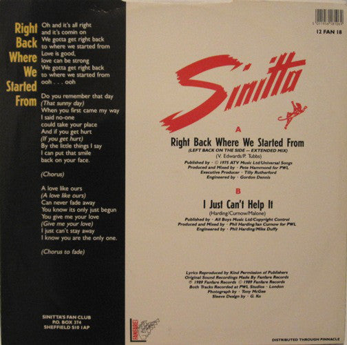 Sinitta : Right Back Where We Started From (Left Back On The Side Mix) (12")