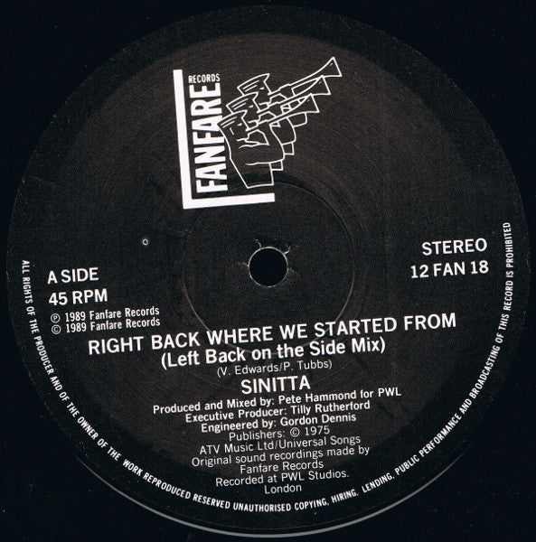 Sinitta : Right Back Where We Started From (Left Back On The Side Mix) (12")
