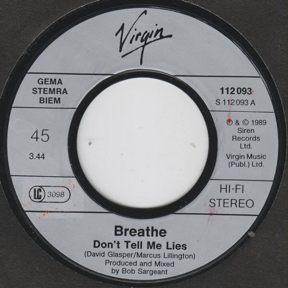 Breathe (3) : Don't Tell Me Lies (7", Single)