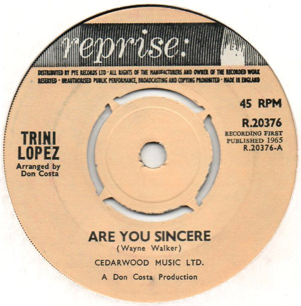 Trini Lopez : Are You Sincere / You'll Be Sorry (7", Single)
