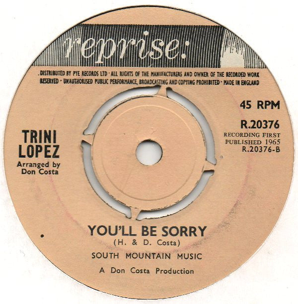 Trini Lopez : Are You Sincere / You'll Be Sorry (7", Single)
