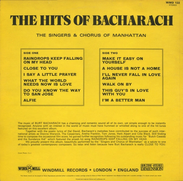 The Singers & Chorus Of Manhattan : The Hits Of Bacharach (LP, RE)