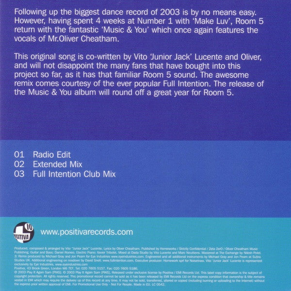 Room 5 Feat. Oliver Cheatham : Music & You (CD, Single, Promo)