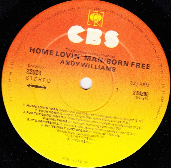 Andy Williams : Home Lovin' Man And Born Free (Comp + LP, Album + LP, Album)
