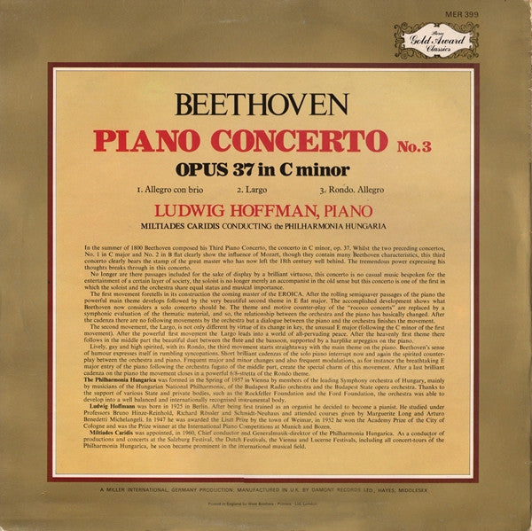 Ludwig van Beethoven, Miltiades Caridis, Philharmonia Hungarica, Ludwig Hoffmann : Piano Concerto No.3 - Opus 37 In C Minor (LP)