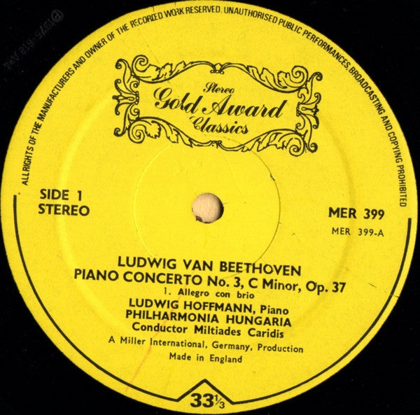 Ludwig van Beethoven, Miltiades Caridis, Philharmonia Hungarica, Ludwig Hoffmann : Piano Concerto No.3 - Opus 37 In C Minor (LP)