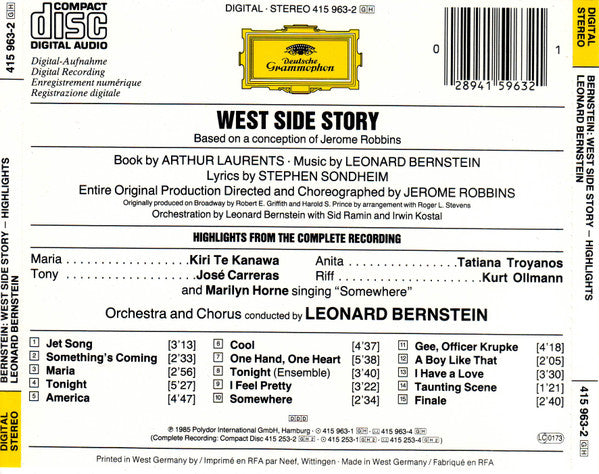 Leonard Bernstein : Kiri Te Kanawa • Tatiana Troyanos • Marilyn Horne • José Carreras • Kurt Ollmann : West Side Story - Highlights (CD, RE, PDO)