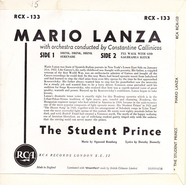 Mario Lanza : Selections From The Student Prince (7", EP, RP)