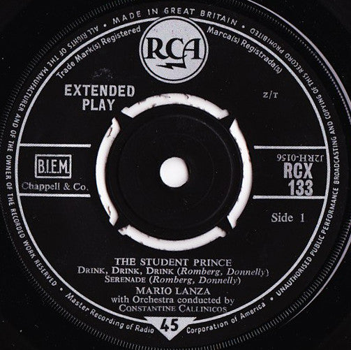 Mario Lanza : Selections From The Student Prince (7", EP, RP)
