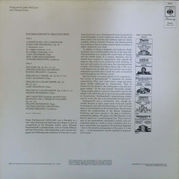 Sergei Vasilyevich Rachmaninoff, Leonard Bernstein And New York Philharmonic, Eugene Ormandy And The Philadelphia Orchestra : Rachmaninoff's Greatest Hits (LP, Comp, RE)