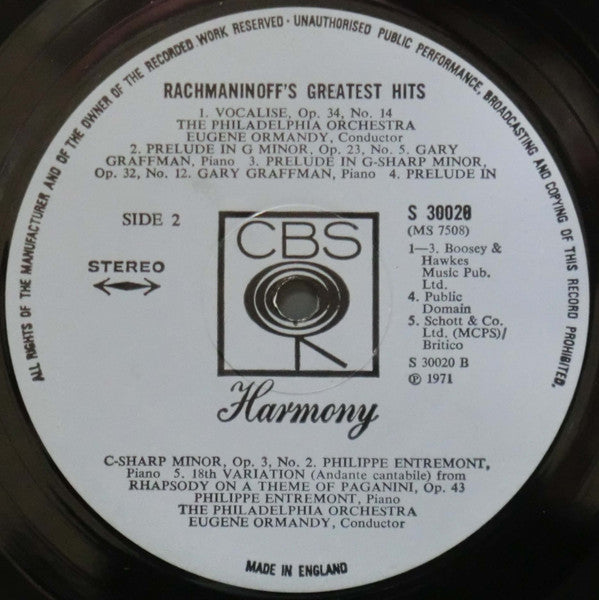Sergei Vasilyevich Rachmaninoff, Leonard Bernstein And New York Philharmonic, Eugene Ormandy And The Philadelphia Orchestra : Rachmaninoff's Greatest Hits (LP, Comp, RE)
