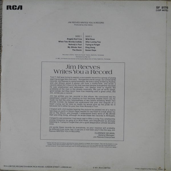 Jim Reeves : Writes You A Record (LP, Comp)