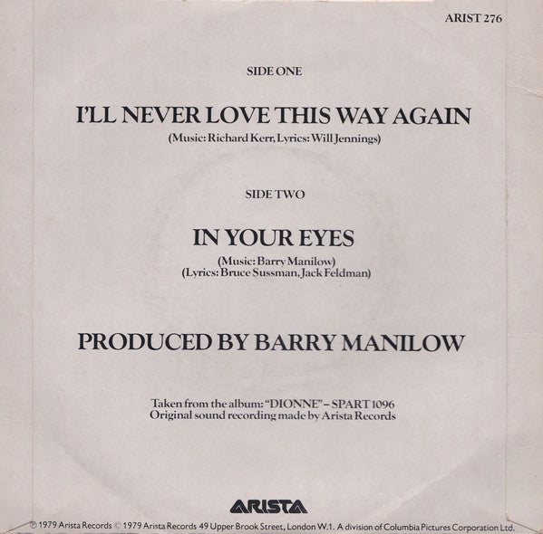 Dionne Warwick : I'll Never Love This Way Again (7", Single)
