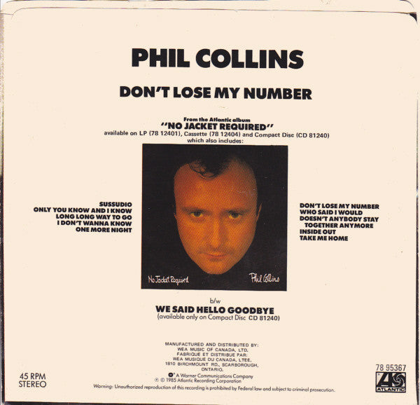 Phil Collins : Don't Lose My Number (7")