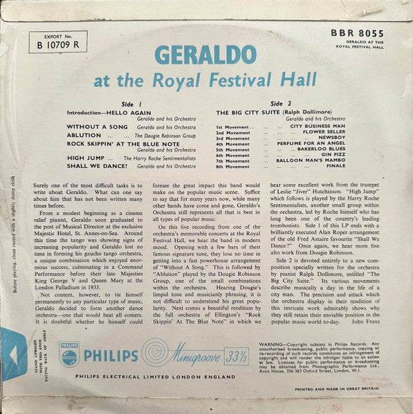 Geraldo : Geraldo at the Royal Festival Hall (10", Mono)
