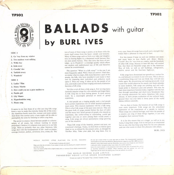 Burl Ives : Ballads With Guitar (LP, Album, RE)