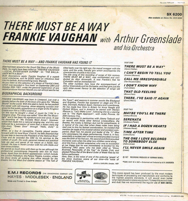 Frankie Vaughan With Arthur Greenslade And His Orchestra : There Must Be A Way (LP, Album, Mono)