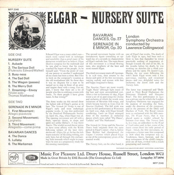 Sir Edward Elgar, London Symphony Orchestra Conducted By Lawrance Collingwood : Nursery Suite (LP, Mar)