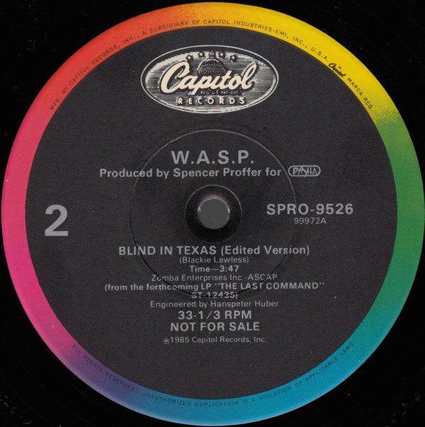 W.A.S.P. : Blind In Texas (12", Single, Promo)