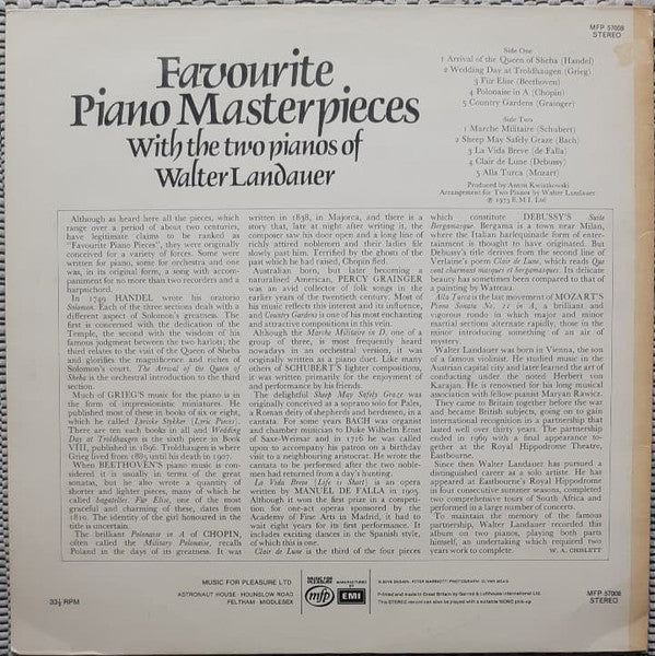 Walter Landauer : Favourite Piano Masterpieces With The Two Pianos Of Walter Landauer (LP, Album)