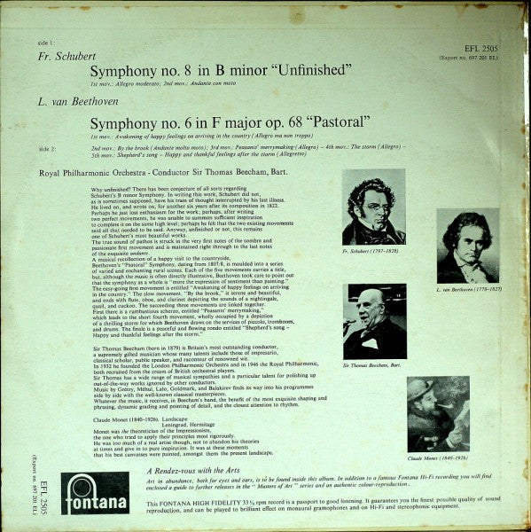 Franz Schubert / Ludwig van Beethoven ; Royal Philharmonic Orchestra, Sir Thomas Beecham : Symphony No. 8 "Unfinished" / Symphony No.6 "Pastoral" (LP, Mono)