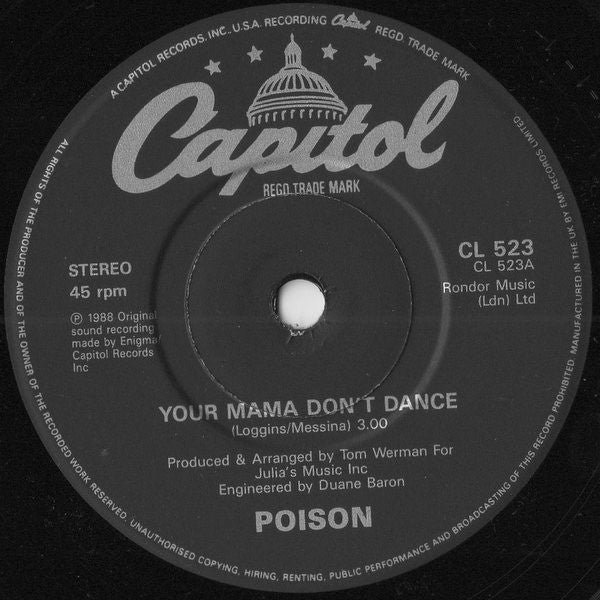 Poison (3) : Your Mama Don't Dance (7", Single, Pap)