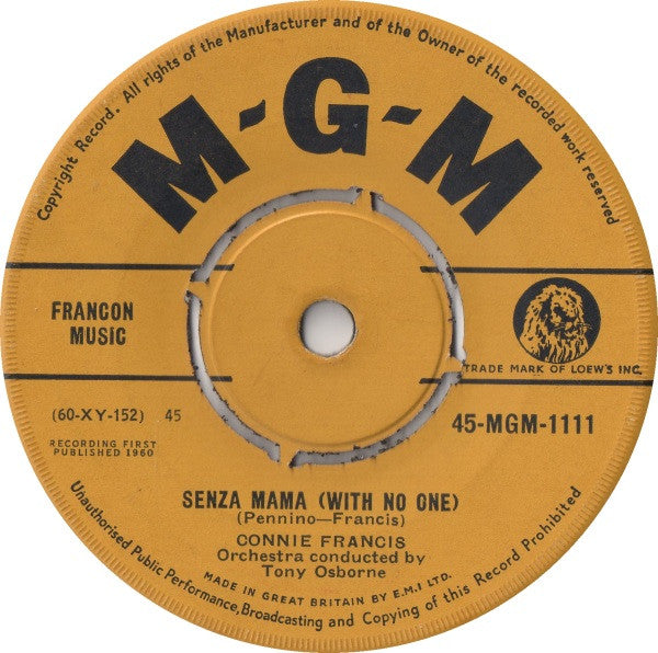 Connie Francis : Many Tears Ago / Senza Mama (With No One) (7", Single)