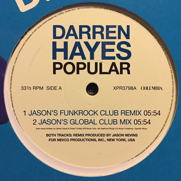 Darren Hayes : Popular (12", Promo)