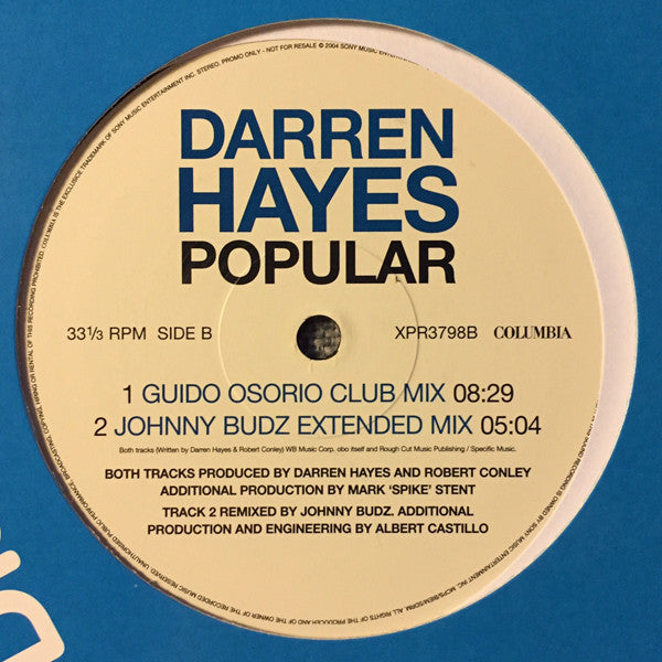 Darren Hayes : Popular (12", Promo)