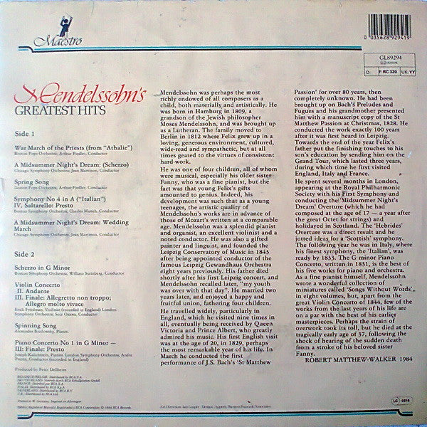 Felix Mendelssohn-Bartholdy : Mendelssohn's Greatest Hits (LP, Comp, RE)