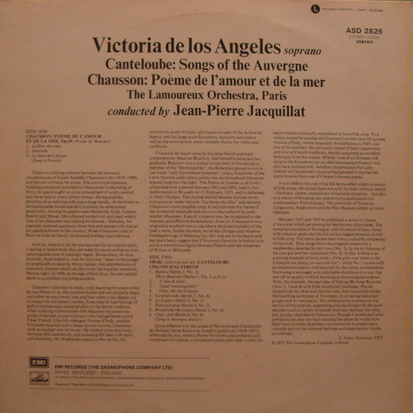 Joseph Canteloube, Ernest Chausson - Victoria De Los Angeles, Orchestre Des Concerts Lamoureux, Jean-Pierre Jacquillat : Songs Of The Auvergne / Poème De L'Amour Et De La Mer ‎ (LP, Album, RE, RP)