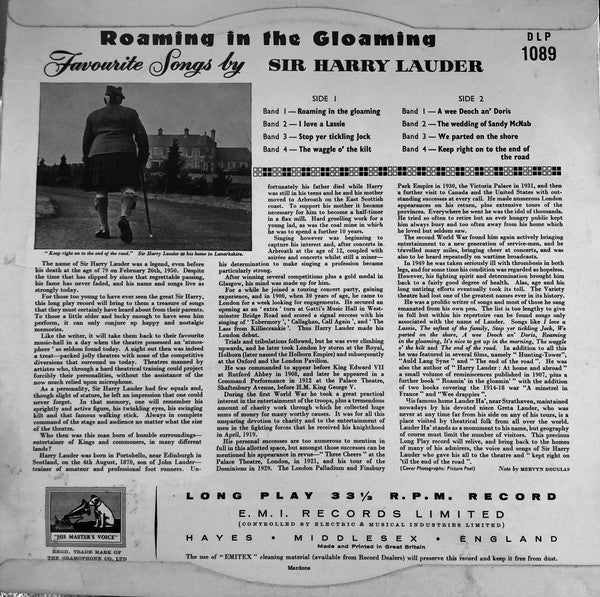 Harry Lauder : Roaming In The Gloaming - Favourite Songs By Sir Harry Lauder (10", Comp, Mono, RP)